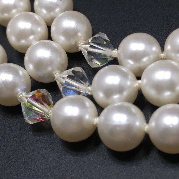 Vintage Japan Pearl Necklace 3 Strand AB Crystals 1950s - Picture 2 of 10